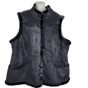 Denim & Co Womens Faux Suede Snap Front Vest Faux Fur Trim Size 1X Black Relaxed